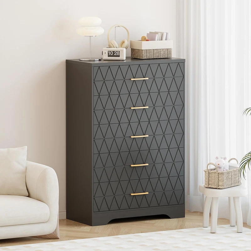 Garvee Sideboard mit 5 Schubladen, 80 × 118 cm, für Wohnzimmer und Esszimmer, Schwarz