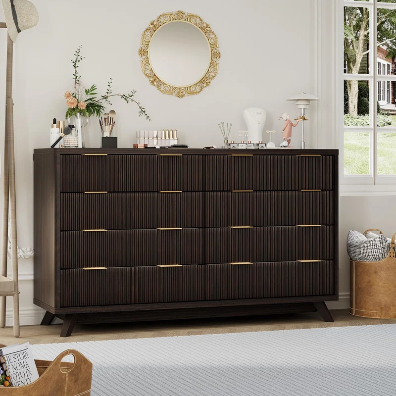 Garvee Sideboard mit 8 Schubladen, modernes Rillendesign, Kippschutz, 137 cm, für Wohnzimmer und Esszimmer, Schwarznussbaum