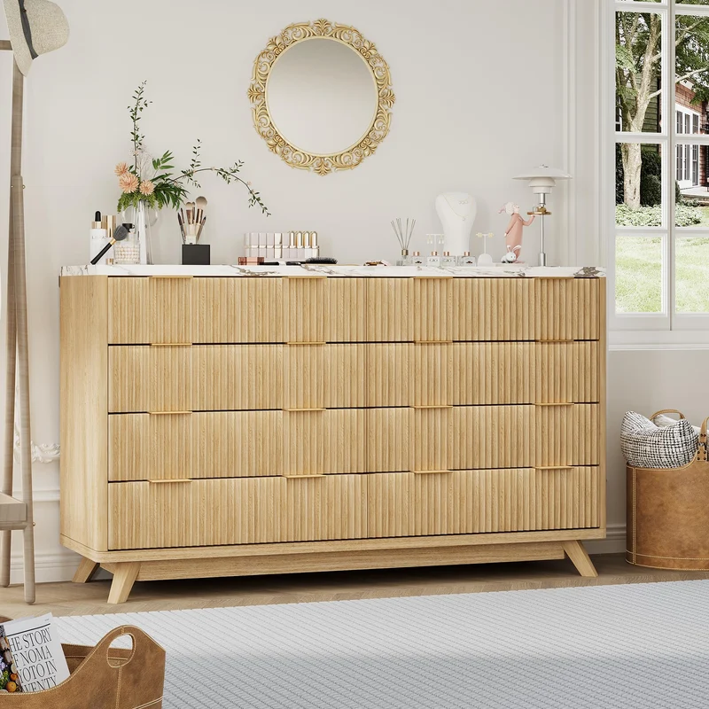 Garvee Sideboard mit 8 Schubladen, 137 cm, für Wohnzimmer und Esszimmer, Eiche