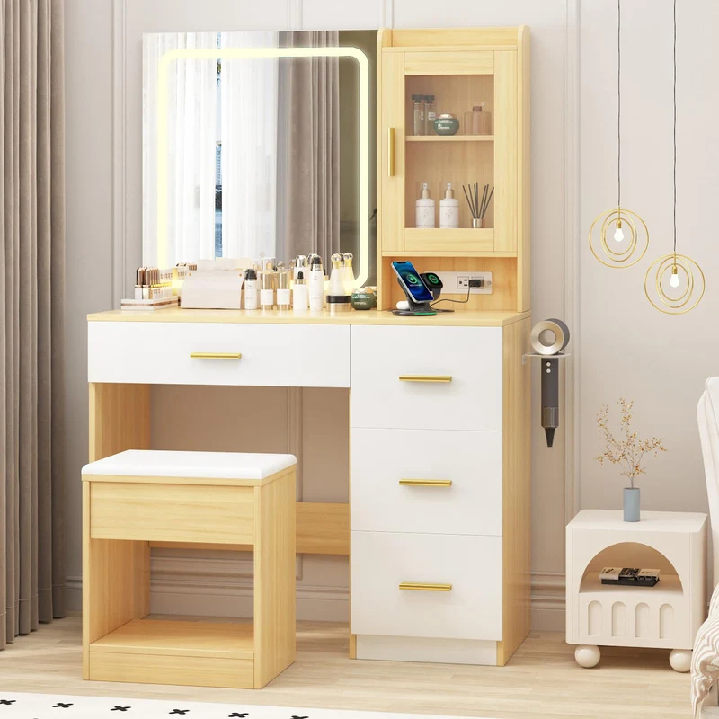 Garvee Moderner Schminktisch mit LED-Spiegel, 3 Modi, 4 Schubladen, Hocker mit Stauraum, USB-Anschlüsse und Steckdosen, Holz, für Schlafzimmer