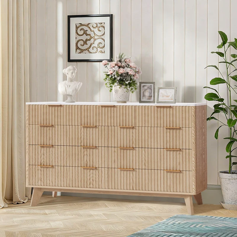 Garvee Kommode mit 9 Schubladen, modernes Rillendesign, für Schlafzimmer und Wohnzimmer, Eiche