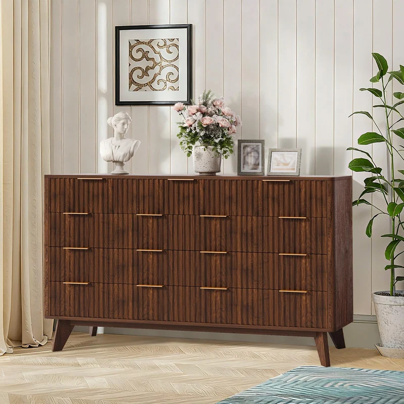 Garvee Kommode mit 9 Schubladen, modernes Rillendesign, 137 cm, für Schlafzimmer und Wohnzimmer, Schwarznussbaum