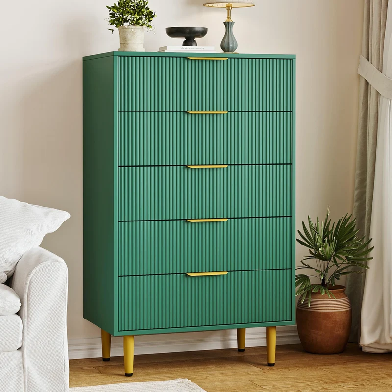 Garvee Kommode mit 5 Schubladen, stabile Metallbeine, 75 × 46 × 121 cm, für Schlafzimmer und Wohnzimmer, Grün