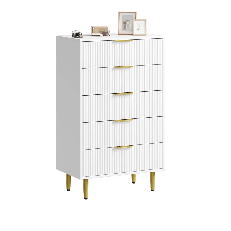 Garvee Kommode mit 5 Schubladen, modernes Rillendesign, für Schlafzimmer und Wohnzimmer, Weiß