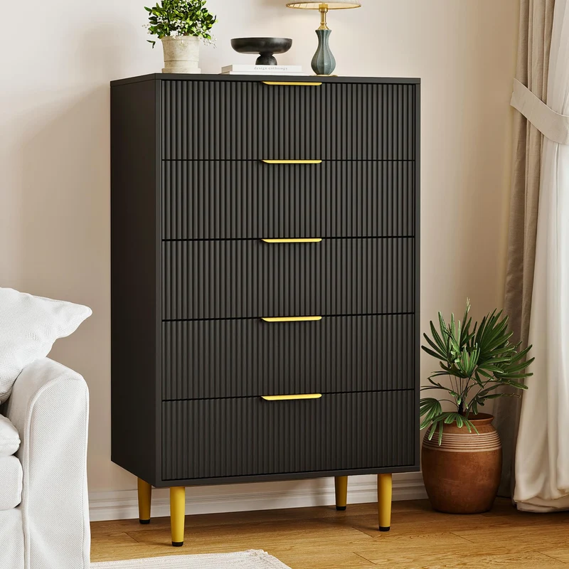 Garvee Kommode mit 5 Schubladen, modernes Rillendesign, stabile Metallbeine, für Schlafzimmer und Wohnzimmer, Schwarz