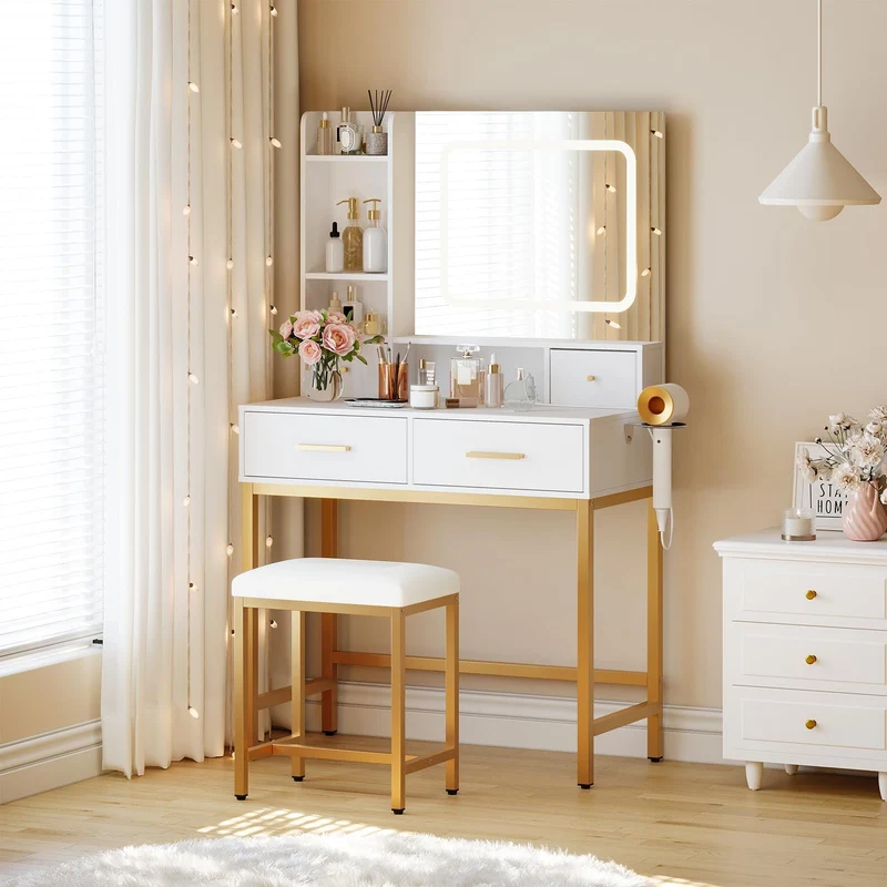 Garvee Frisiertisch mit LED-Spiegel, 3 Modi, 4 Schubladen, integrierte Steckdose, gold-weißes Metall, modern, ideal für Schlafzimmer, 53x31,5x15,35 cm