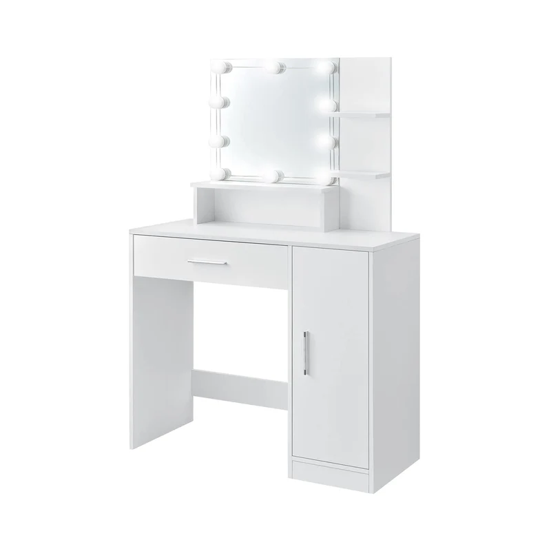 Schminktisch Frisiertisch 90x38x137 cm in Weiß mit LED Beleuchtung, Spiegel, Schublade, Schrank & 3 Ablagen ML-Design