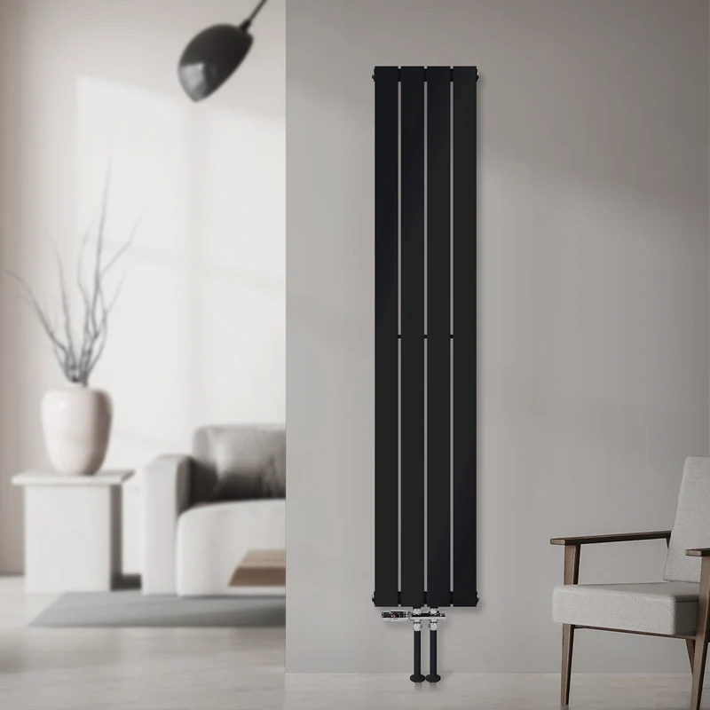 Badheizkörper Einlagig Vertikal 1600x300 mm Schwarz inkl. Anschlussgarnitur mit Thermostat Durchgangsform LuxeBath