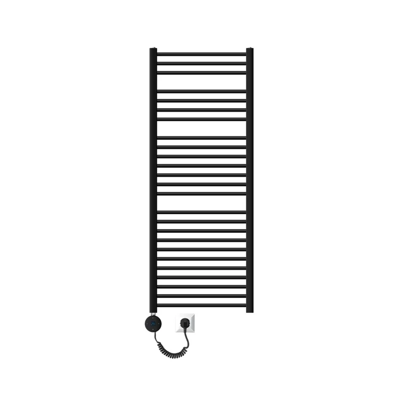 Elektrischer Badheizkörper mit Heizstab 1200W 600x1500 mm Schwarz matt gebogen Seitenanschluss & Thermostat Digitalanzeige LuxeBath