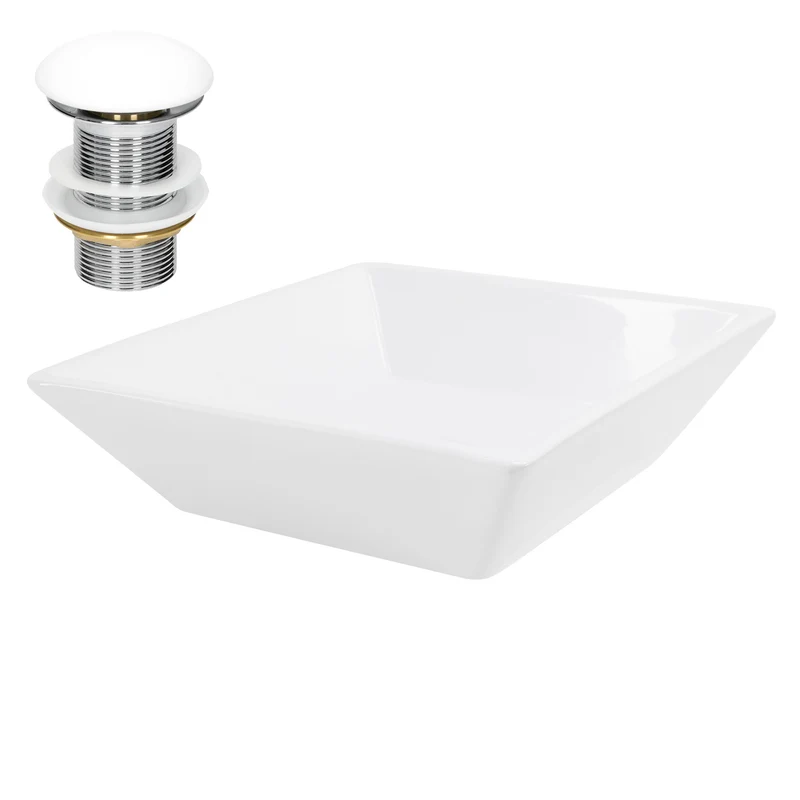Waschbecken inkl. Ablaufgarnitur Weiß ohne Überlauf 41x41x12 cm Weiß aus Keramik LuxeBath