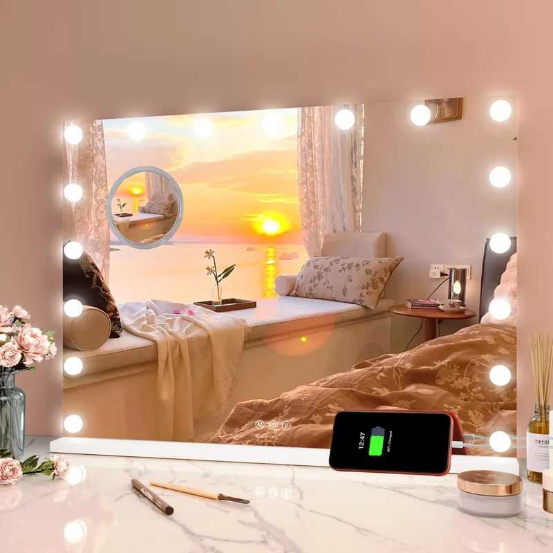 Garvee Hollywood Schminkspiegel mit Beleuchtung 17 LED Lampen 3 Farbtemperaturen 80 × 60 cm Weiß, abnehmbar