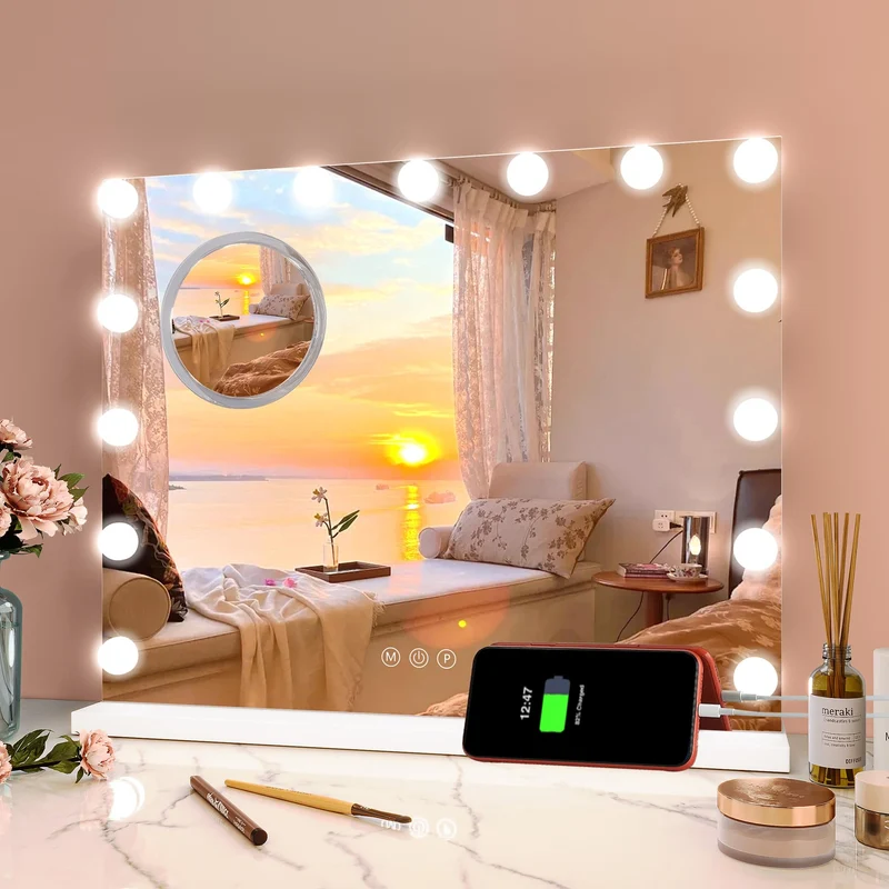 Garvee Hollywood Schminkspiegel mit Beleuchtung, 15 LED Lampen, 3 Farbtemperatur Licht, 58 × 46 cm, Weiß, abnehmbar