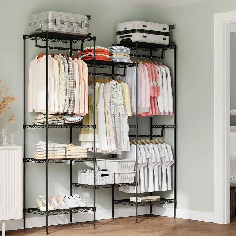 Garvee Freistehender Kleiderschrank Organizer Metall, 4 Stangen, 8 Regale, Verstellbar, Schwarz, Schlafzimmer, Apartment