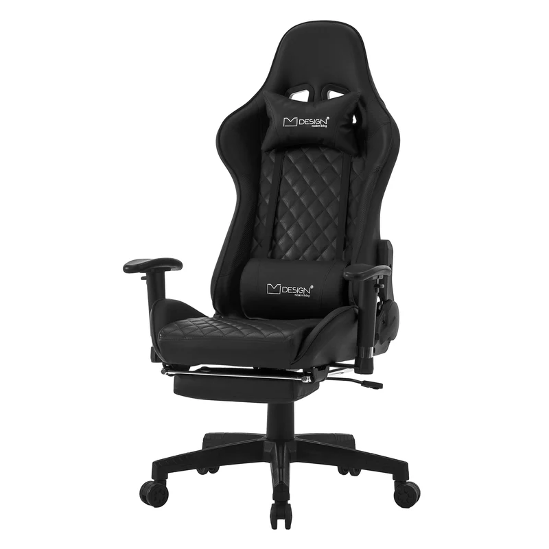 B-Ware Gamingstuhl mit ausziehbarer Fußstütze 2D Armlehne Schwarz aus Kunstleder ML-Design