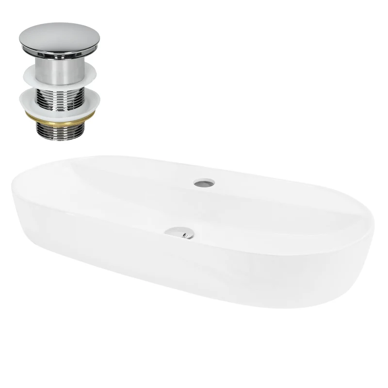 Waschbecken inkl. Ablaufgarnitur Silber ohne Überlauf 80x40x12 cm Weiß aus Keramik LuxeBath