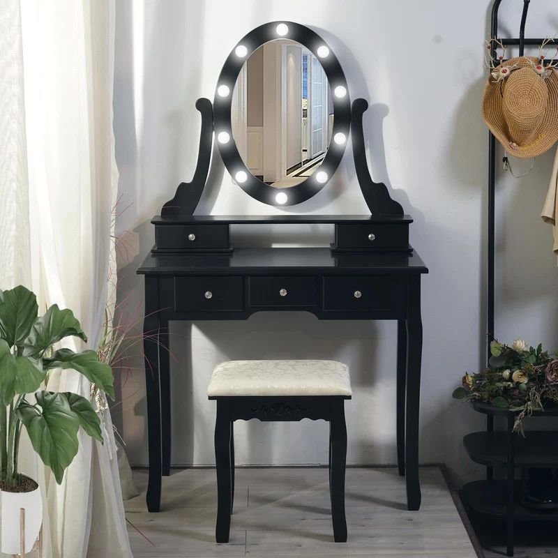 Garvee Moderner Schminktisch Mit Ovalem Spiegel, LED-Beleuchtung, 5 Schubladen, MDF-Holz, Drehbarer Spiegel, Schlafzimmer, Weiß