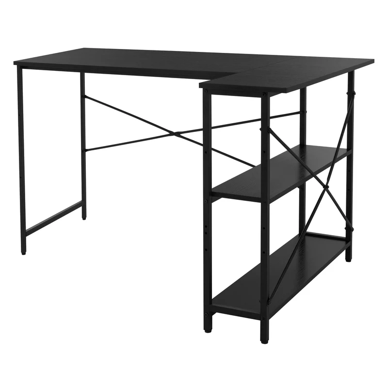 B-Ware Schreibtisch L-Form beidseitig montierbar 120x89x75 cm Schwarz mit Regal ML-Design