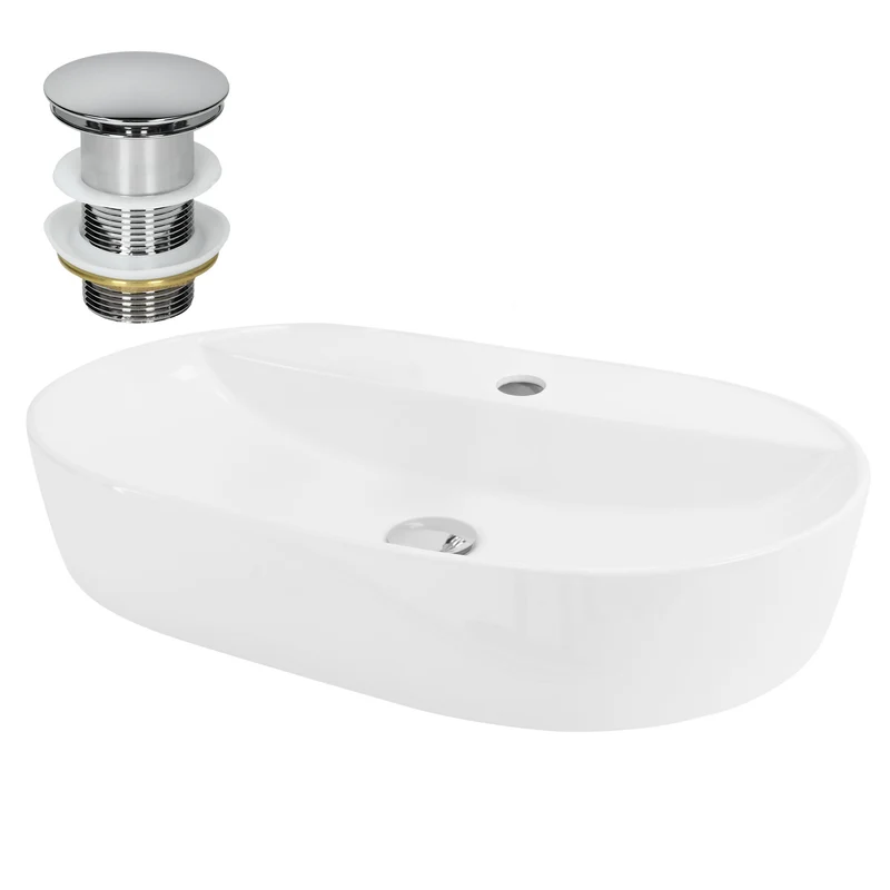 Waschbecken inkl. Ablaufgarnitur Silber ohne Überlauf 60x40x12 cm Weiß aus Keramik LuxeBath