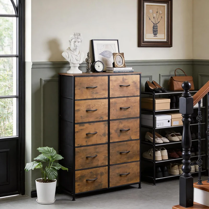Garvee Kommode, Stoffschubladen, 80 × 30 × 118 cm, für Schlafzimmer und Wohnzimmer, Braun