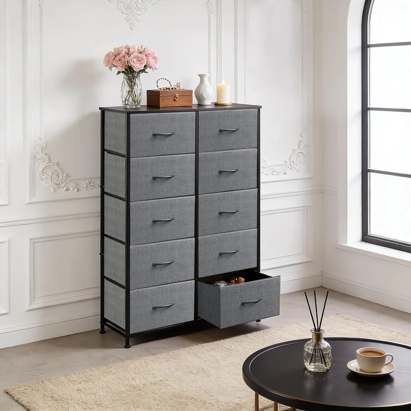 Garvee Kommode, Stoffschubladen, 80 × 30 × 118 cm, für Schlafzimmer und Wohnzimmer, Grau