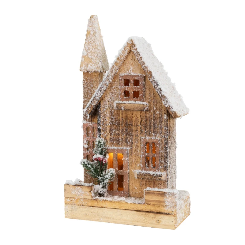 Deko Weihnachtshaus schneebedeckt mit LED Beleuchtung 33 x 19 cm aus Holz