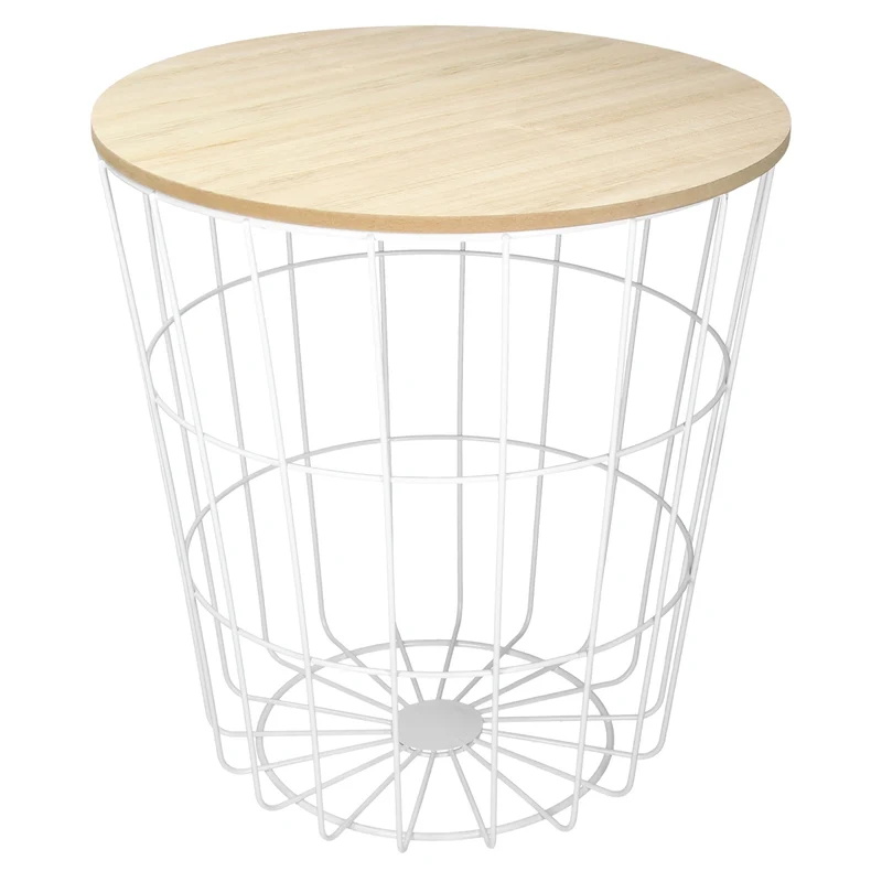 Beistelltisch Rundform Ø 38,5x42 cm Weiß/Natur aus MDF mit Metallkorb