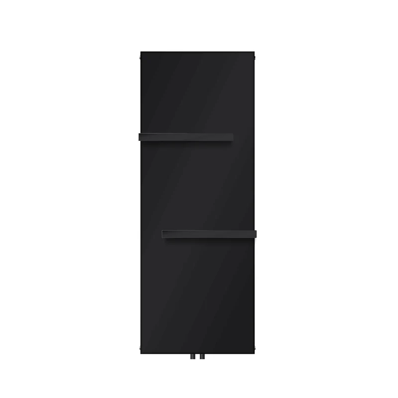 Badheizkörper flach Einlagig 1600x604 mm Schwarz matt mit Mittelanschluss inkl. 2x Handtuchhalter LuxeBath