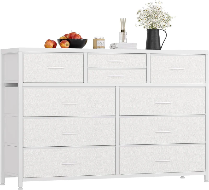 Garvee Kommode mit 10 Schubladen, für Schlafzimmer und Wohnzimmer, Weißes Leder