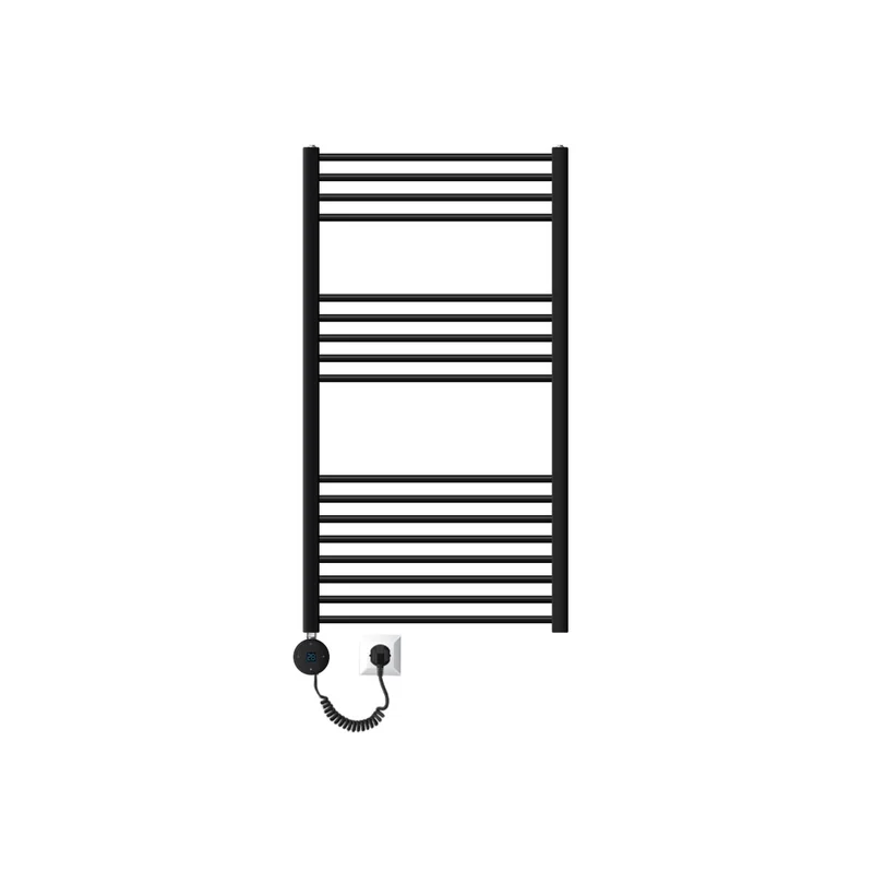 Elektrischer Badheizkörper mit Heizstab 900W 750x1200 mm Schwarz matt gebogen Seitenanschluss & Thermostat Digitalanzeige LuxeBath