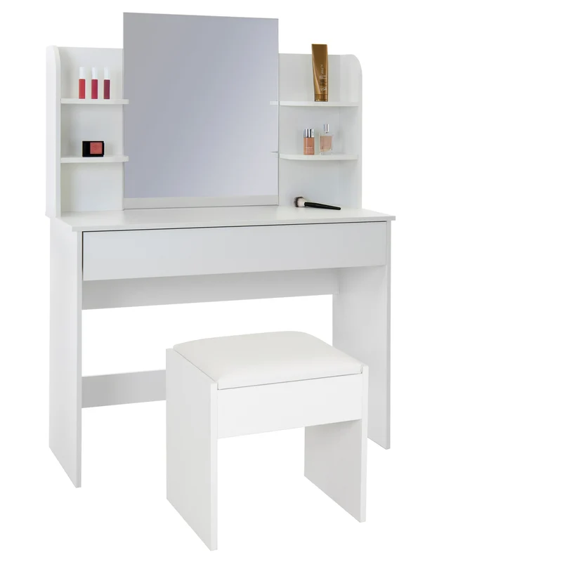Schminktisch Frisiertisch 108x40x140 cm in Weiß mit Spiegel, LED Beleuchtung, Schublade & Hocker ML-Design
