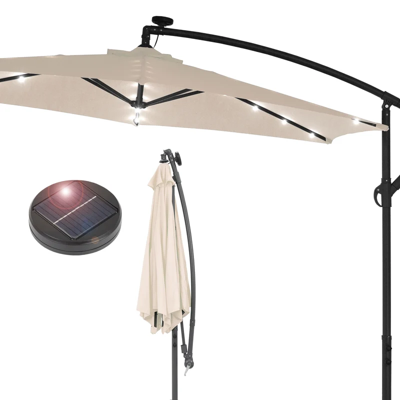 Sonnenschirm mit LED-Solar und Kurbel Creme Ø 300 cm aus Aluminium und Polyester Ampelschirm