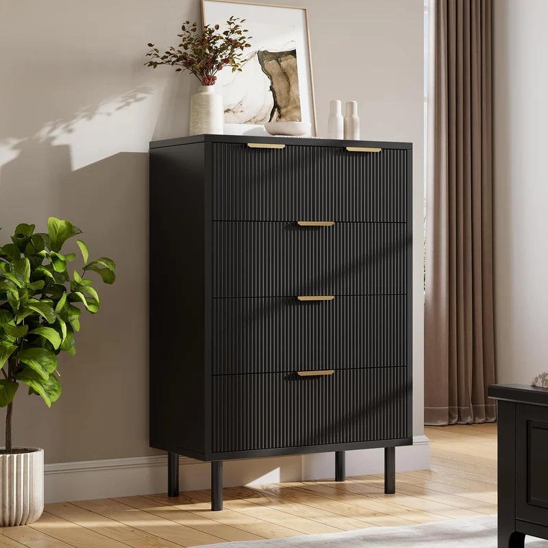 Garvee Kommode mit 5 Schubladen, modernes Rillendesign, stabile Metallbeine, für Schlafzimmer und Wohnzimmer, Schwarz
