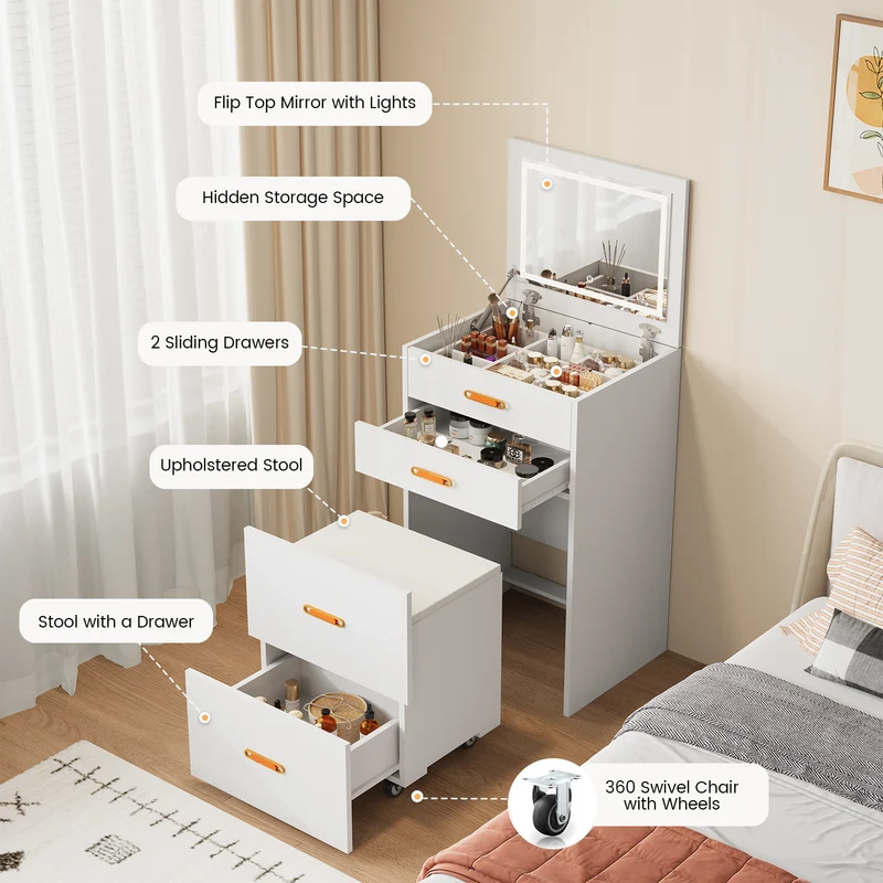 Garvee Vanity SP-VC-3 3-in-1 Weiß Kompakt Multifunktional Für Schlafzimmer