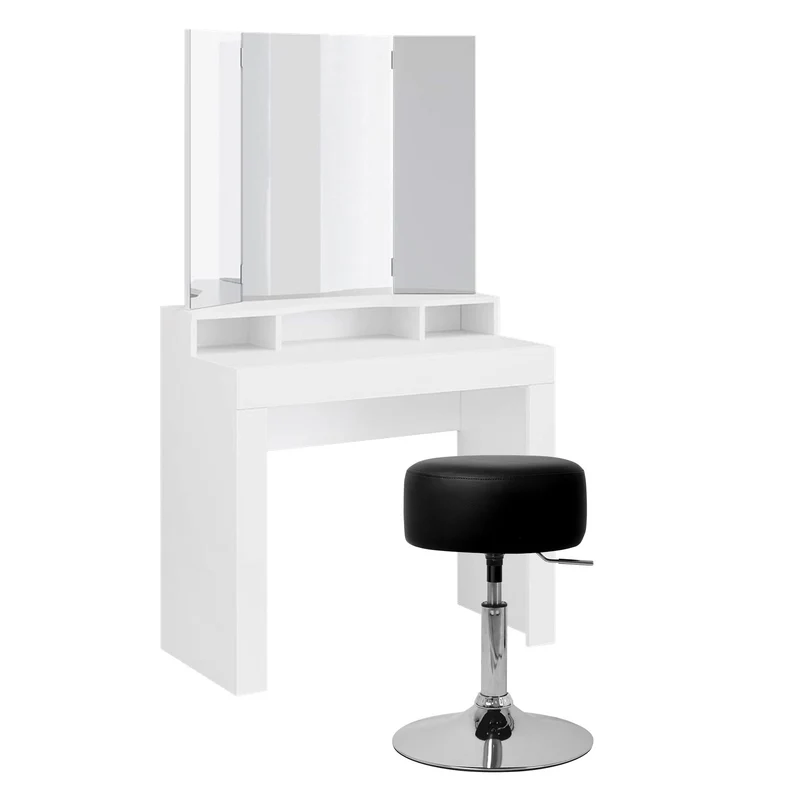 Schminktisch Frisiertisch 89,5x155x43,5 cm in Weiß mit Spiegel 3-tlg, 3 Ablagen & Hocker Drehbar in Schwarz ML-Design