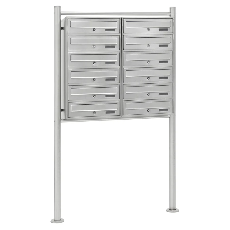 Briefkastenanlage mit Standfuß 12 Fach Silber 89x150x27 cm aus Edelstahl