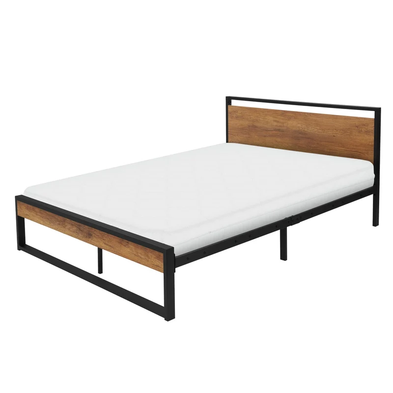Metallbett 140x200 cm inkl. Matratze H:16cm Schwarz/Braun Bettgestell 210 x 36,5/88 x 145 cm mit Holz Kopf- & Fußteil ML-Design