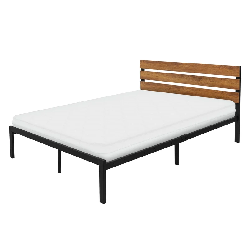Metallbett 140x200 cm Schwarz/Braun mit Lattenrost und Matratze mit Holz Kopf-& Fußteil ML-Design