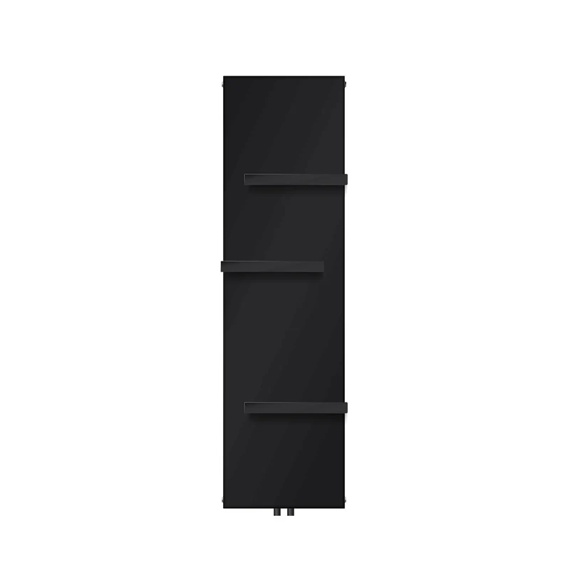 Badheizkörper flach Einlagig 1600x452 mm Schwarz matt mit Mittelanschluss inkl. 3x Handtuchhalter LuxeBath
