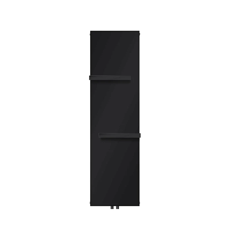 Badheizkörper flach Einlagig 1600x452 mm Schwarz matt mit Mittelanschluss inkl. 2x Handtuchhalter LuxeBath