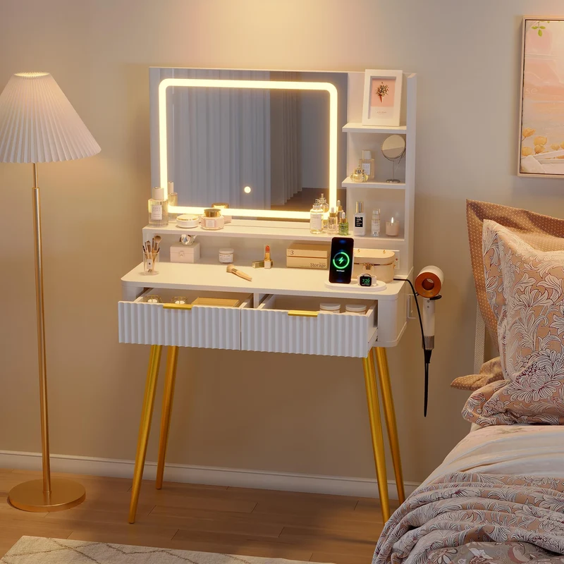 Garvee Schminktisch Weiß Mit LED-Spiegel Skandinavischer Make-Up Tisch 80x35x132 cm Für Schlafzimmer & Ankleidezimmer