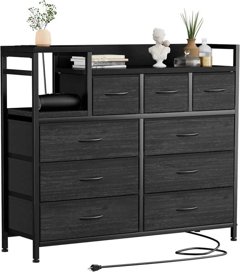 Garvee Kommode mit 9 Schubladen, integrierte Ladestation, 99 × 30 × 86 cm, für Schlafzimmer und Wohnzimmer, Noir