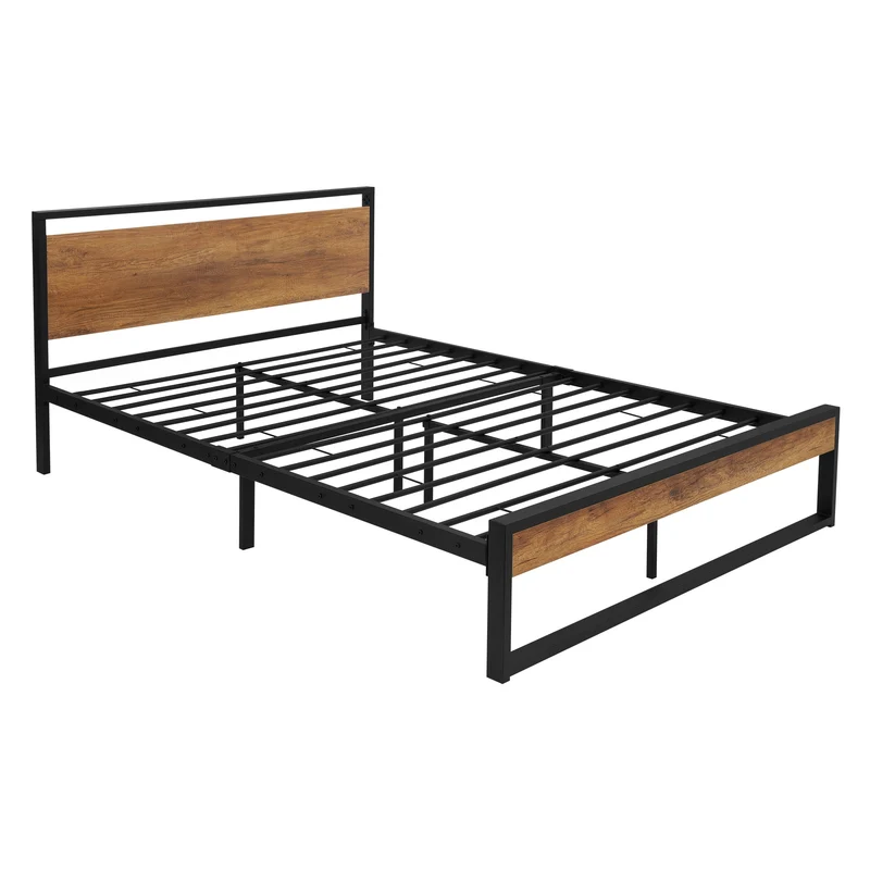 Metallbett 140x200 cm mit Lattenrost Schwarz/Braun Bettgestell 210 x 36,5/88 x 145 cm mit Holz Kopf- & Fußteil ML-Design