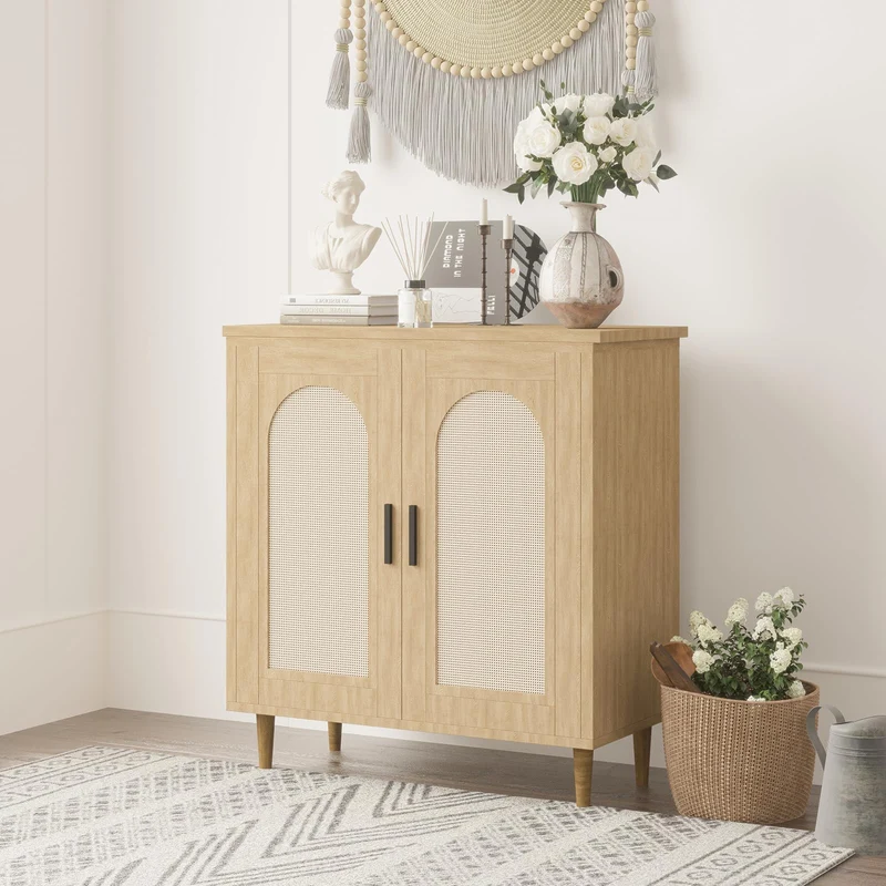 Garvee Leuchte mit 2 Türen, 1er-Set, integrierte Ladestation, Rattanfronten, 120,5 cm, für Wohnzimmer und Esszimmer, Natur