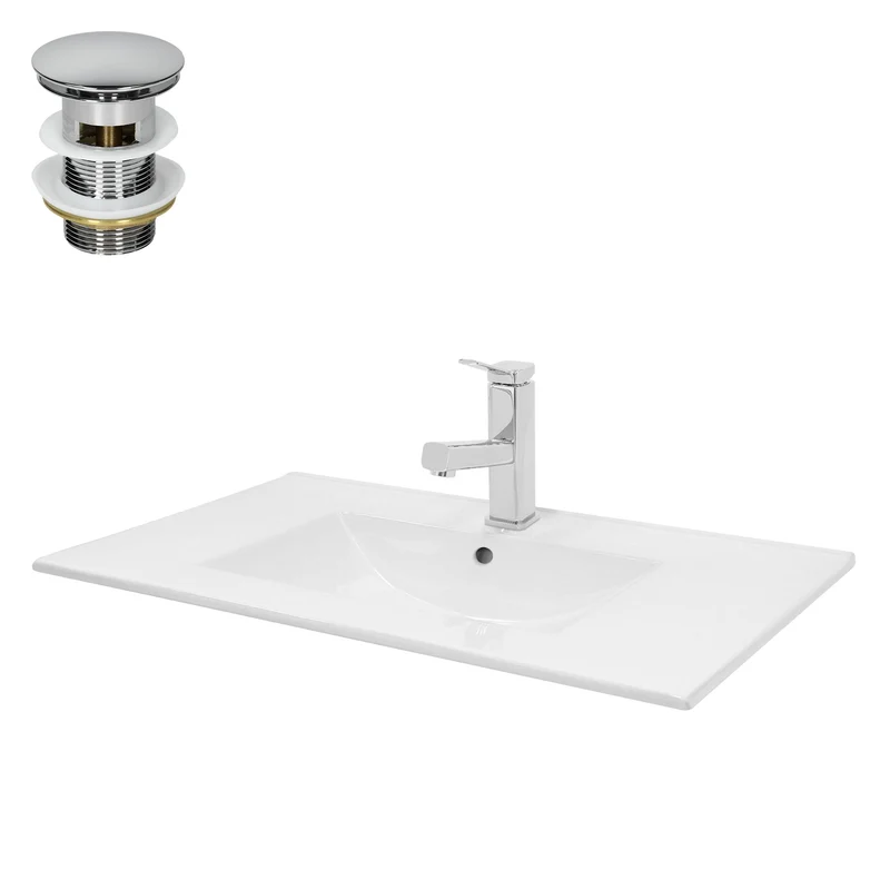 Waschbecken mit Wasserhahn ausziehbare Brause eckig 81x46,5x17,5 cm Weiß aus Keramik inkl. Ablaufgarnitur Silber mit Überlauf LuxeBath