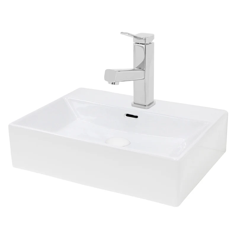 Waschbecken mit Wasserhahn ausziehbare Brause eckig 51,5x36x13 cm Weiß aus Keramik inkl. Ablaufgarnitur Weiß mit Überlauf LuxeBath