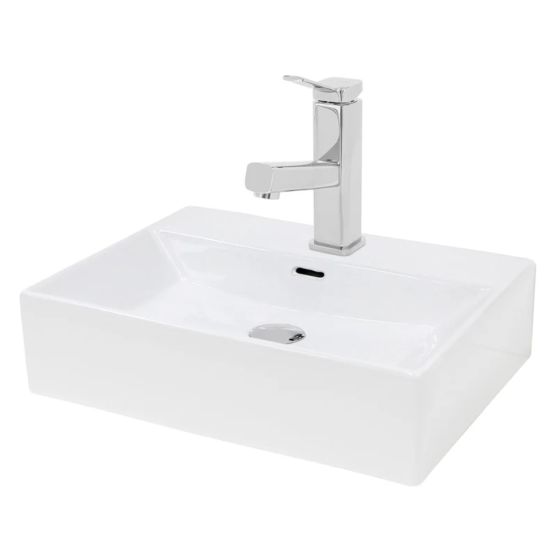 Waschbecken mit Wasserhahn ausziehbare Brause eckig 51,5x36x13 cm Weiß aus Keramik inkl. Ablaufgarnitur Silber mit Überlauf LuxeBath