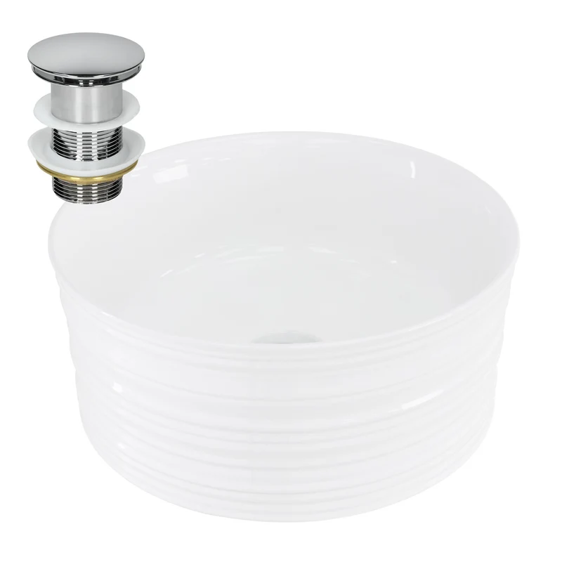 Waschbecken inkl. Ablaufgarnitur Silber ohne Überlauf Ø 41x18 cm Weiß aus Keramik LuxeBath