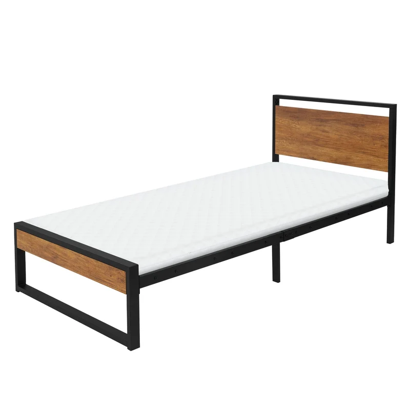 Bettgestell Einzelbett 90x200cm aus Metall in Schwarz mit Kopf- & Fußteil aus Holz, Lattenrost & Matratze H-10cm ML-Design