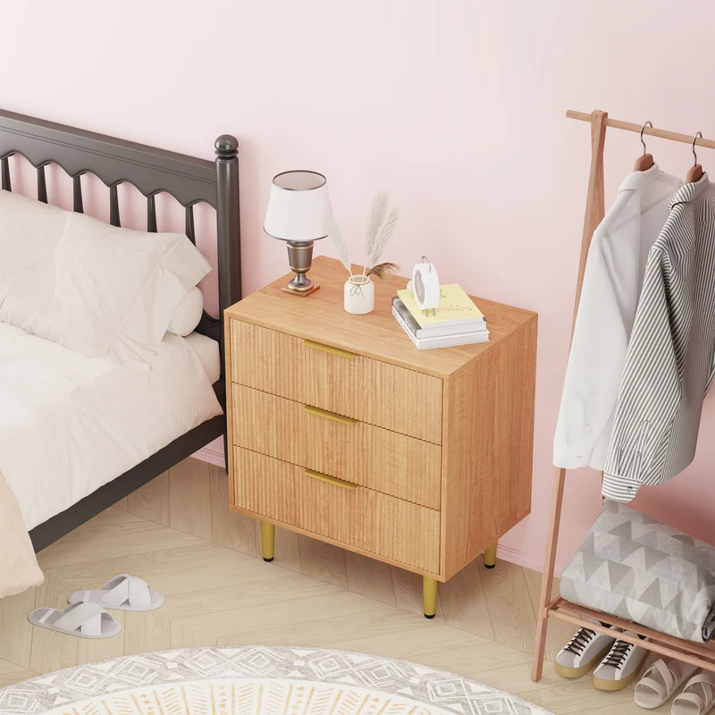 Garvee Kommode mit 3 Schubladen, modernes Rillendesign, für Schlafzimmer und Wohnzimmer, Natur