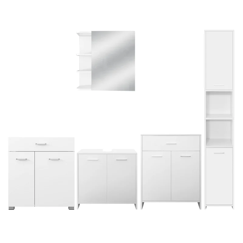 Badmöbel Badezimmermöbel Set 5-Teilig Spiegelschrank Hochschrank Unterschrank Midischrank Wäscheschrank in Weiß ML-Design